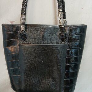 Brighton Black Croc-Accent Leather Shoulder Tote